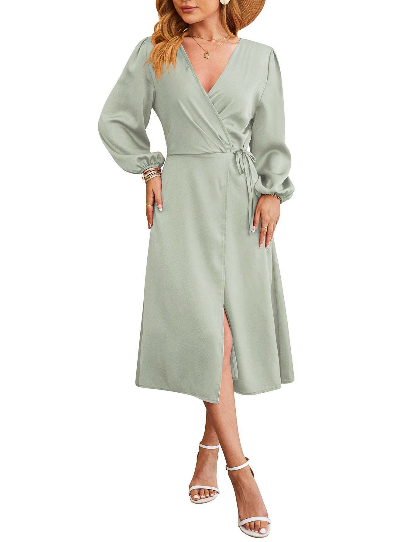 Variant image for Kvinna Midi Klänning V-Neck Satin A-Linjeform Puffärmar-6