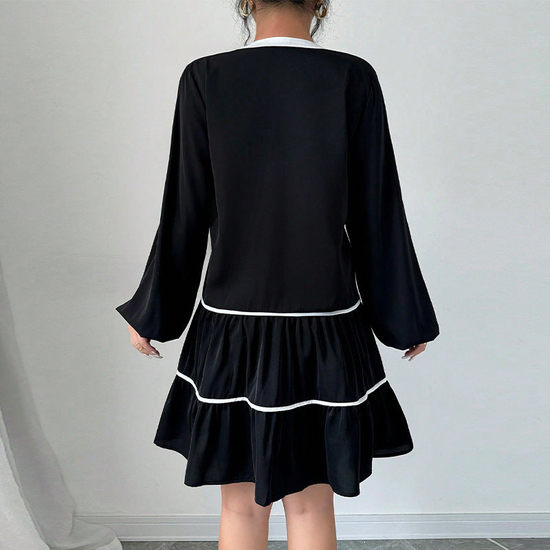 Dam Midi Klänning Halvöppen Krage Puffärmar Polyester-4