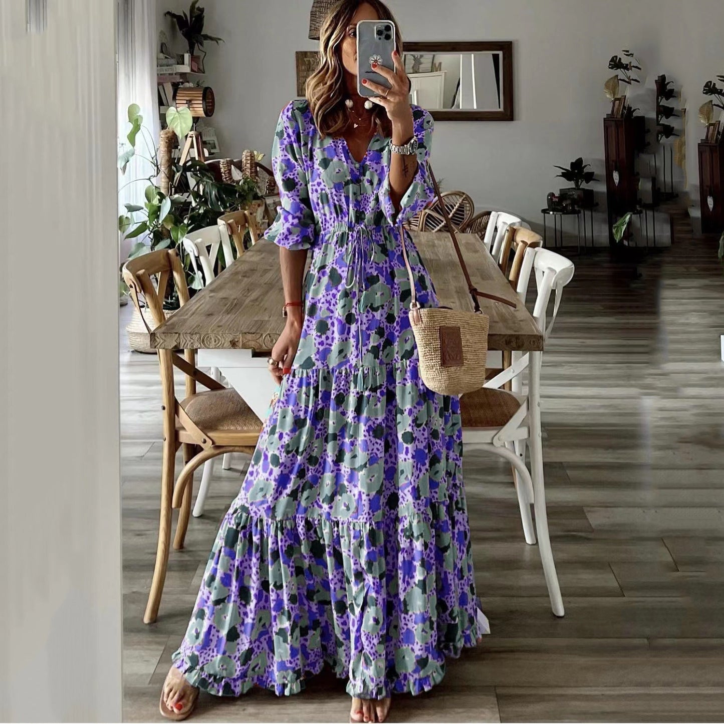 Maxiklänning Dam V-ringning Bohemisk Långt Polyester för Sommar-4