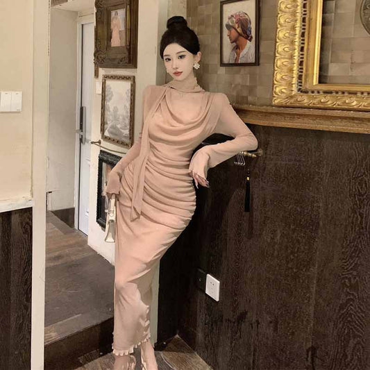 Kvinnors Lång Klänning Klockärmar Knappdesign Polyester-1