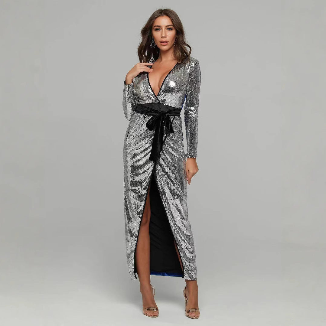 Dam Aftonklänning Långärmad V-ringning Paljetter Mini-5