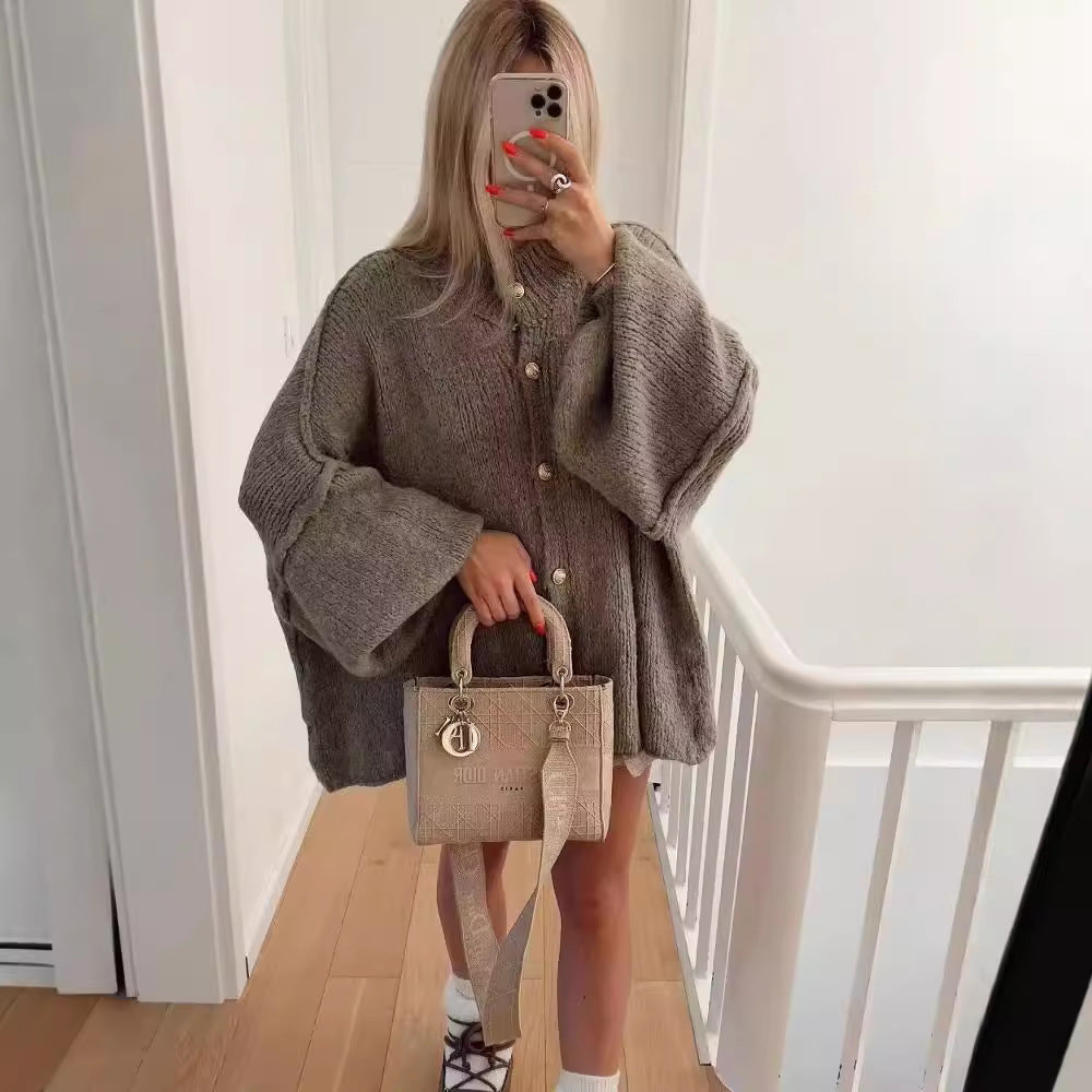 Dam Tröja Batwing Cardigan Polyester med Polo-Krage-2