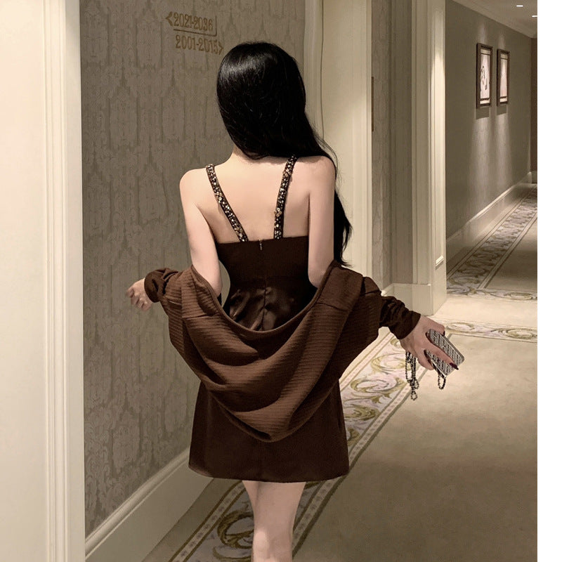 Variant image for Kvinnors Camisole Klänning Kort Kjol Patchwork Mjuk Blandning Cardigan Set-4