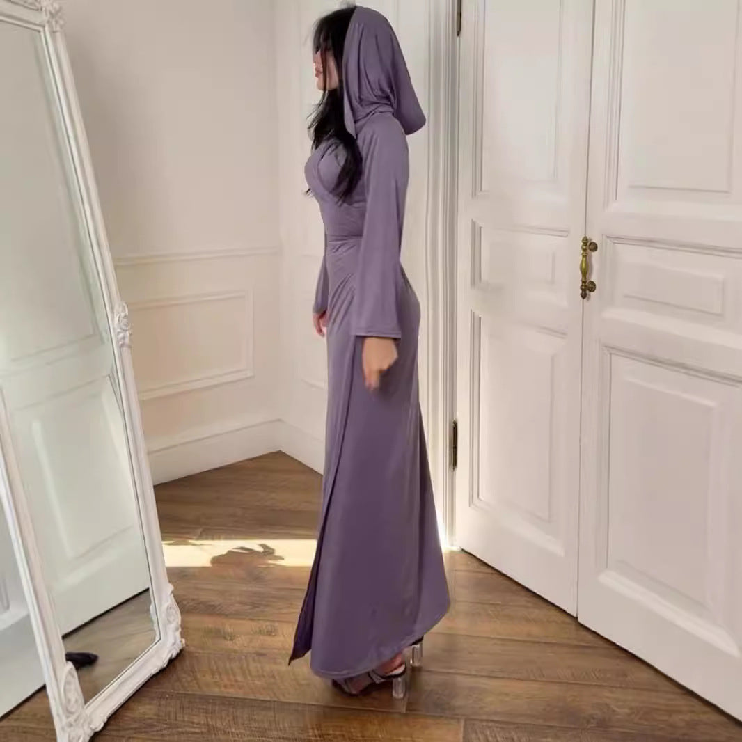 Dam Klänning Långärmad Med Huva Stretchigt Material-3