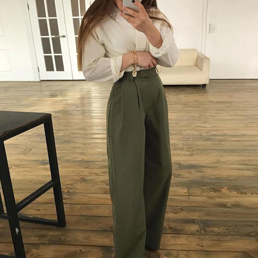 Kvinnors Set med Fästningskrage Skjorta och Hög Midja Byxor i Polyester – Elegant Urban Stil för Vardag och Fest 3