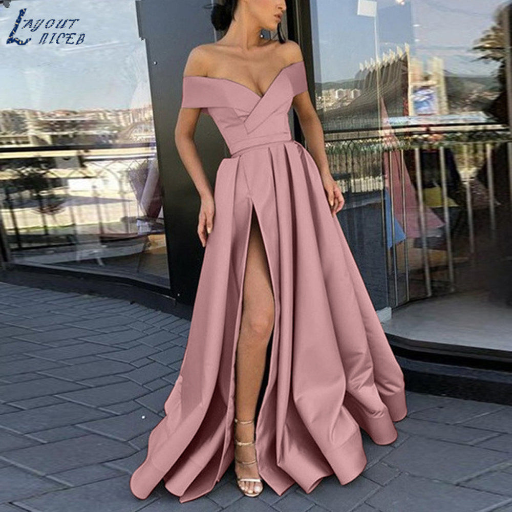 Variant image for Kvinnors Off-Shoulder Klänning Djup V-ringning Satin Kort Kjol-73
