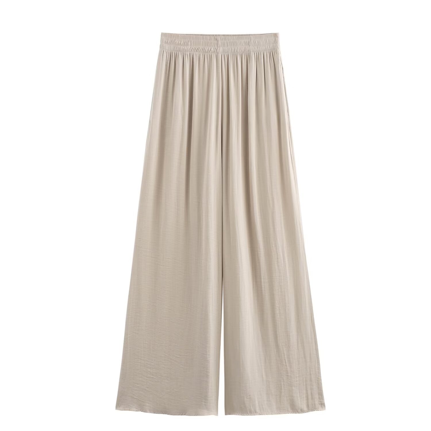 Dam Byxor Hög Midja Bred Ben i Elastisk Polyester Snygga Byxor Med Resår i Midjan-1