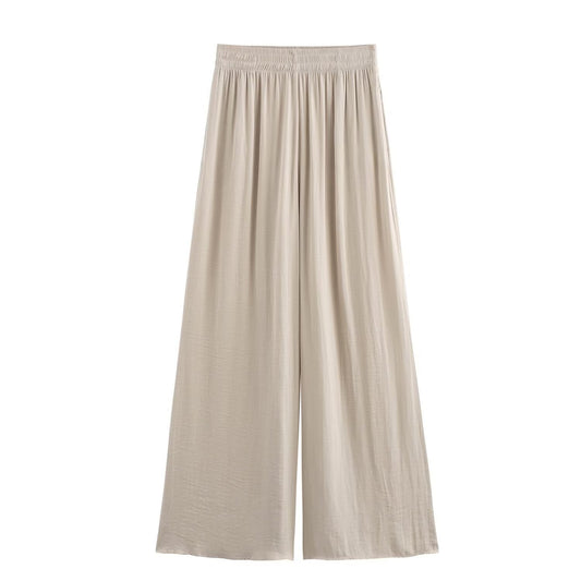 Dam Byxor Hög Midja Bred Ben i Elastisk Polyester Snygga Byxor Med ResÄr i Midjan-1