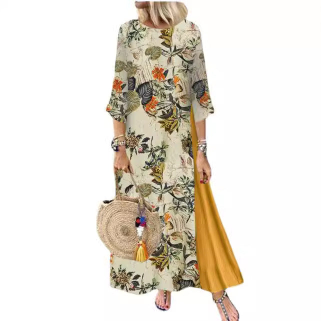 Damklänning A-Linjeformad Rund Hals Bomull med Tryckt Mönster-5