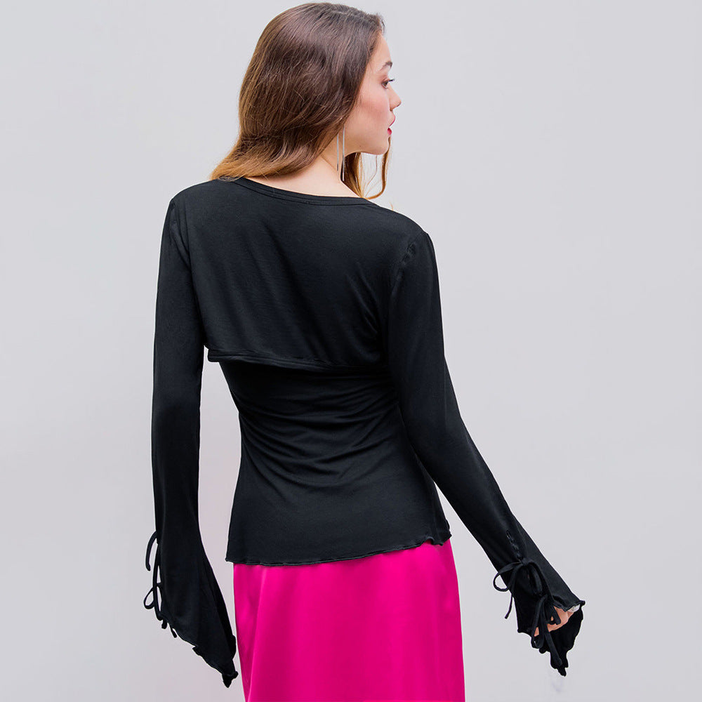 Dam Långärmad Topp Festtoppar Viskosfiber med Två Sektioner-3