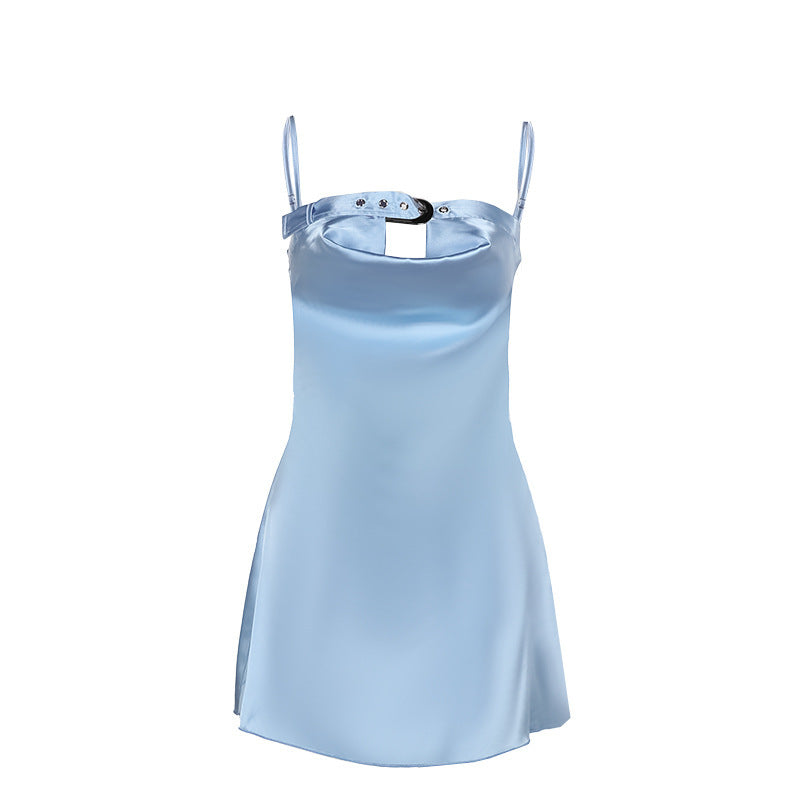Kvinnors Glittrig Miniklänning Satin V-hals Justerbara Spaghetti-bärare-6