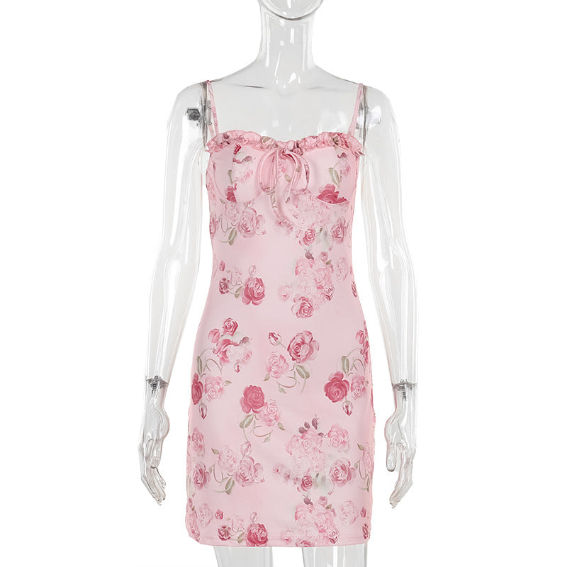 Kvinnors Miniklänning Blommigt Tryck Justerbara Spaghetti Bärar Lätt Tyg-1