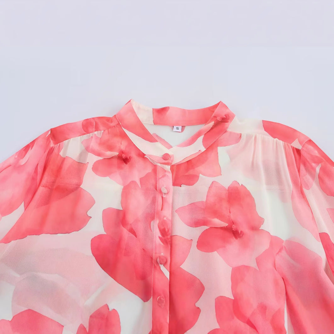 Dam Blus Chiffong Rynkor Långa Ärmar-2