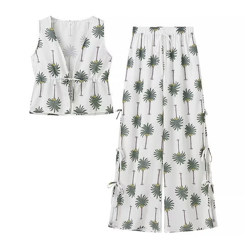 Dam Casual Set Ärmlös Polyester Tryckt Väst och Långa Byxor-1
