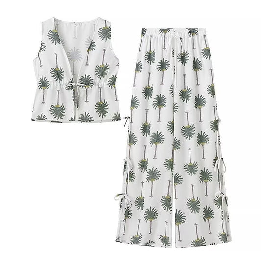 Dam Casual Set Ärmlös Polyester Tryckt Väst och Långa Byxor-1