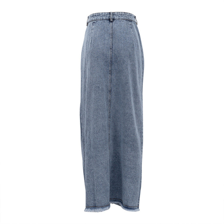 Dam Midi Kjol Jeans med Frontslits Denim-5