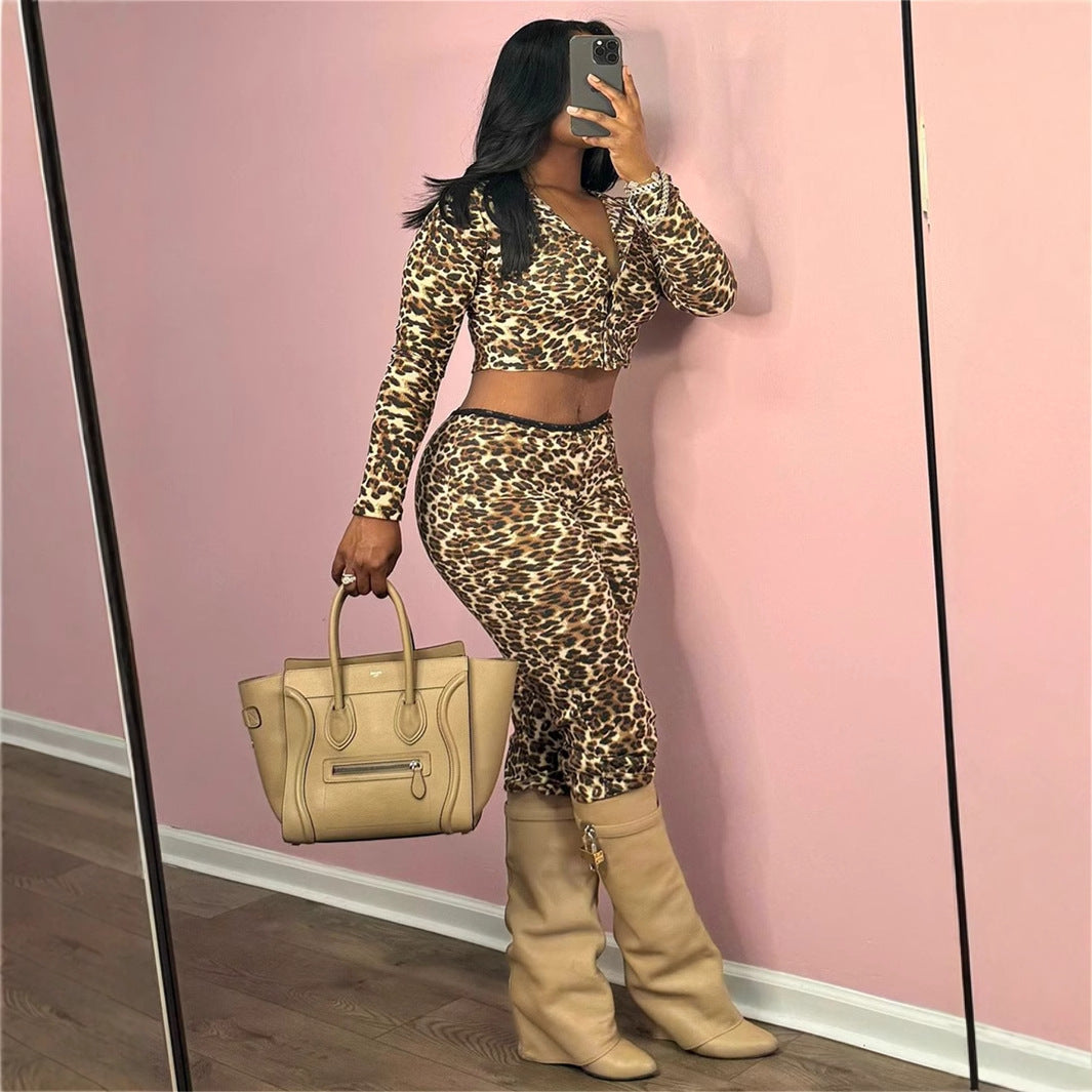 Damens Leopardtryck Crop Top Långärmad Polyester Spandex Byxor-5