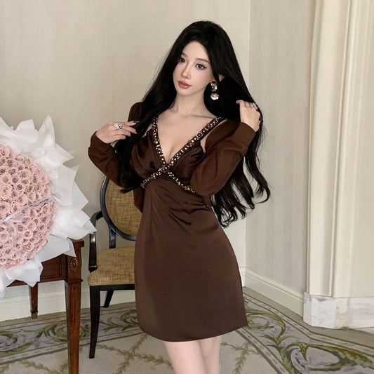 Kvinnors Camisole Klänning Kort Kjol Patchwork Mjuk Blandning Cardigan Set-1