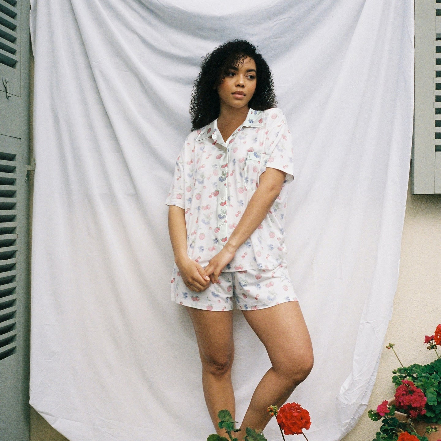 Dam Hemkläder Blommigt Kortärmad Polyester Uppsättning-4