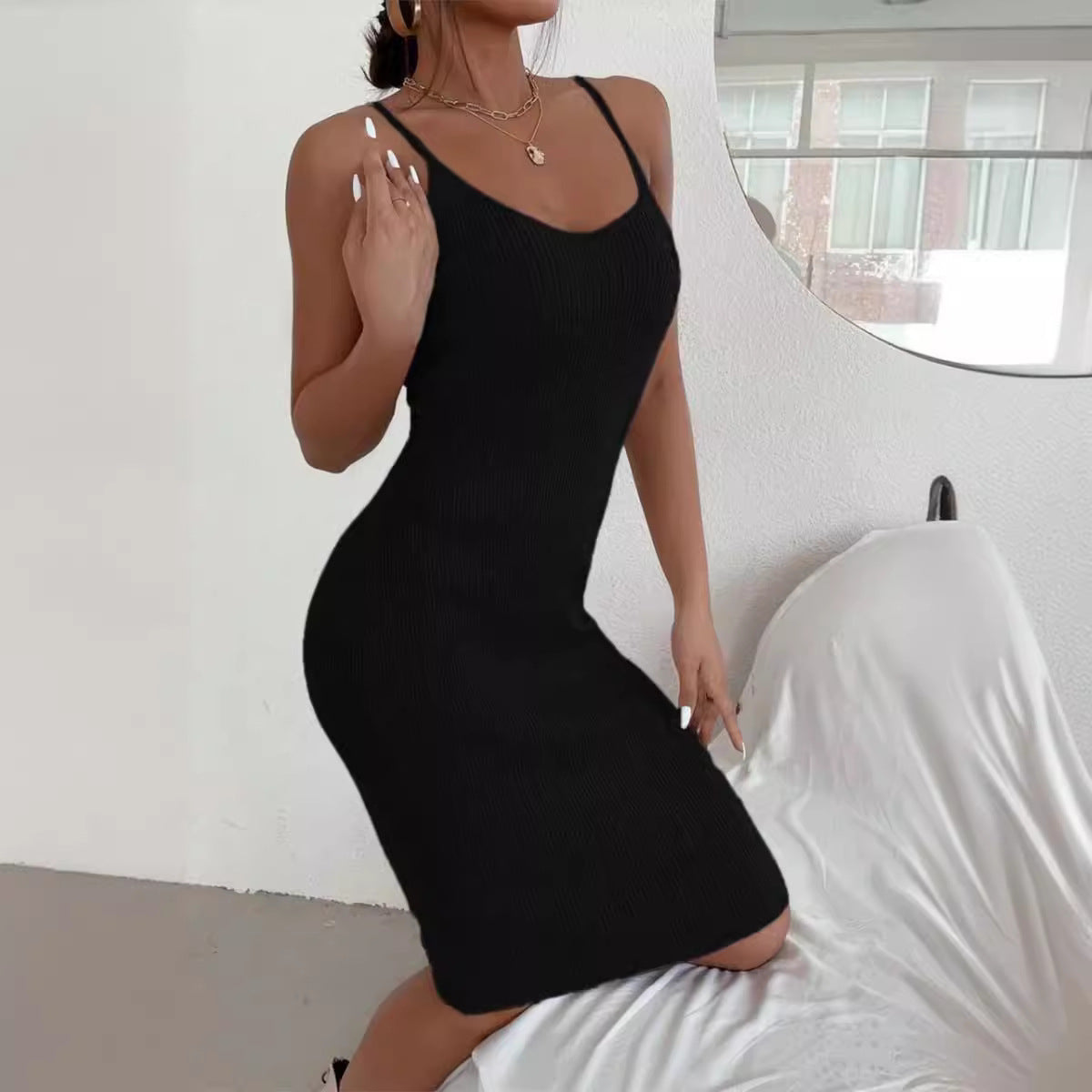 Kvinnors Midi Klänning V-ringad Stickad Material-4