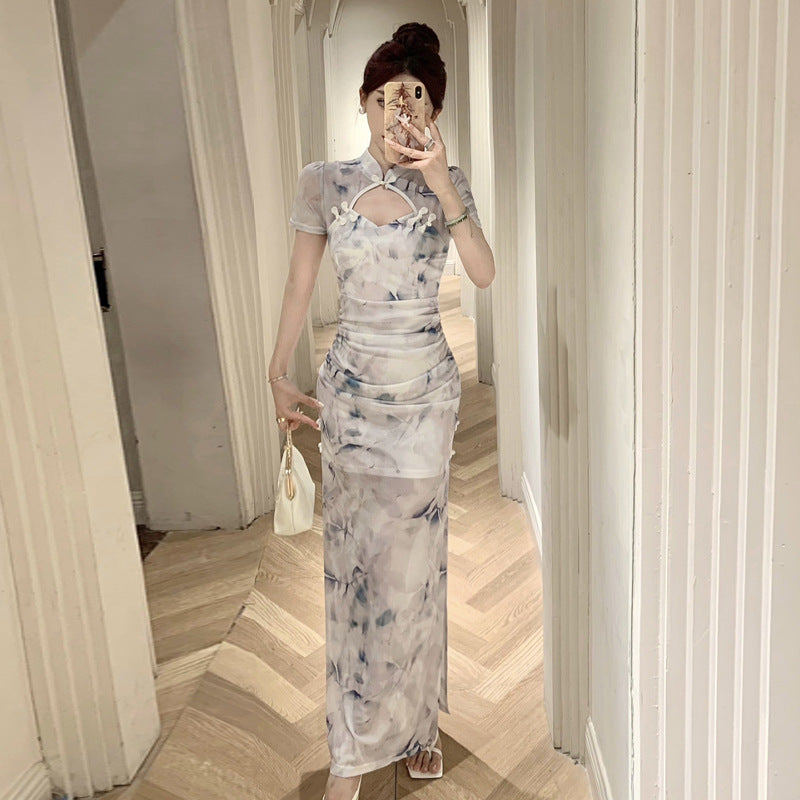 Elegant Cheongsam Klänning med Ihålig Midja och Sidospalt – Lång Klänning i Polyester och Spandex för Kvinnor 3