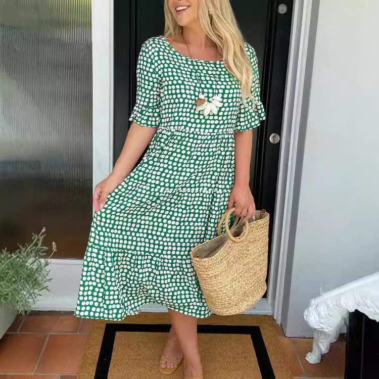 Fina Dam Klänningar Rundad Kortärmad Polyester Elegant Design-3