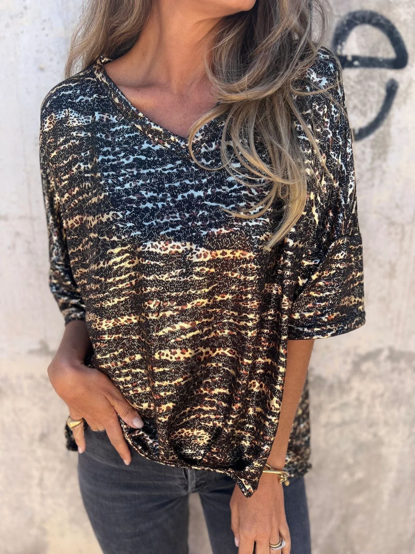 Kvinnors Leopardmönstrad Topp Löst Klippt Polyester-1