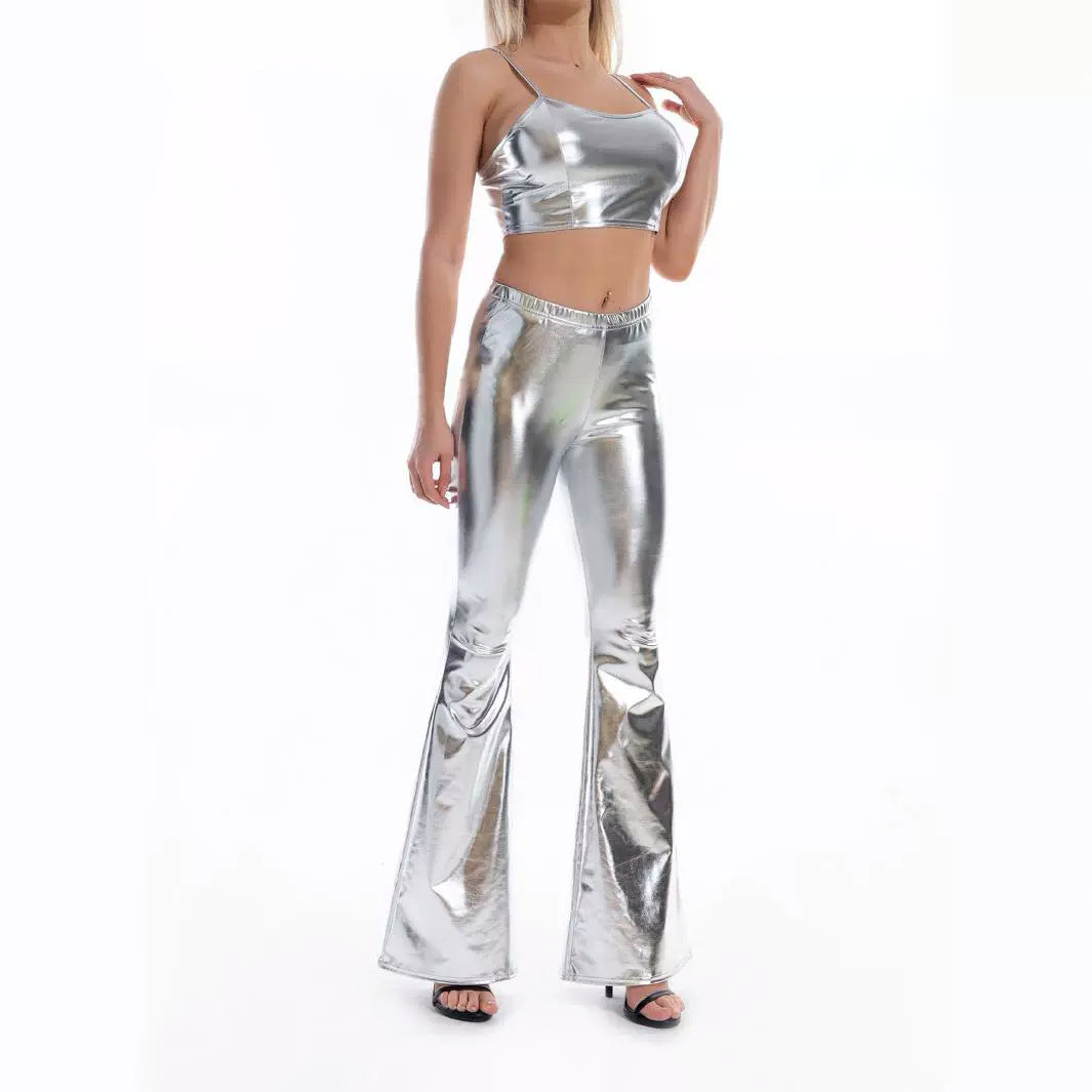 Damkläder Set med Crop Top och Flared Byxor i Elastiskt Tyg – Metallisk Finish för Sommarkläder 2