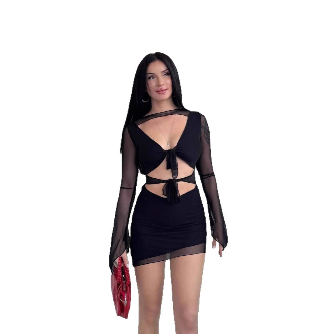 Dam Klänning V-ringad Långärmad Bodycon Spandex-5