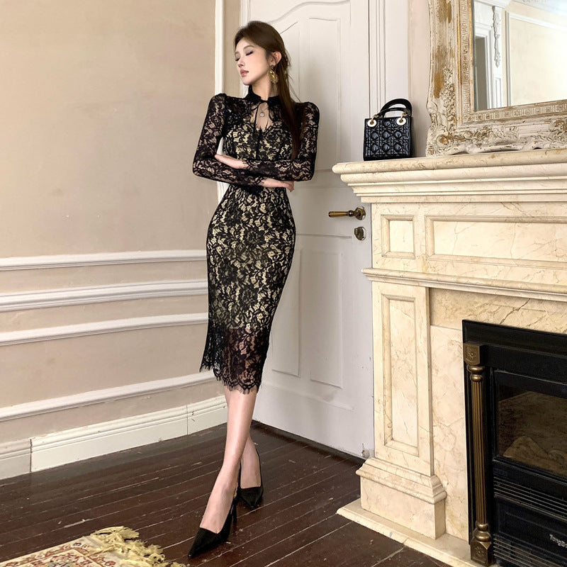 Kvinnors Midi Klänning Bodycon Patchwork Långärmad-4