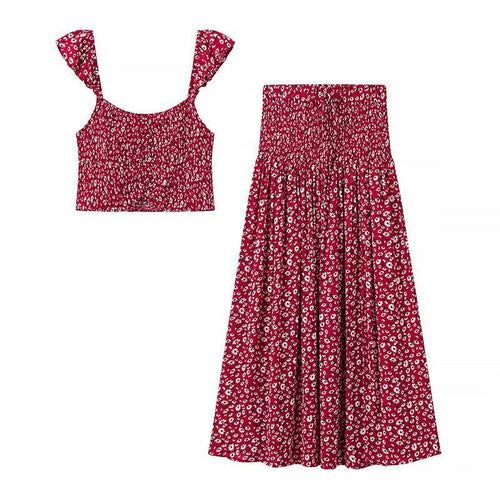 Blommig Damuppsättning med Crop Top och Midi Kjol – Andningsbart Tyg, Elastiskt Midjeband, Perfekt för Sommarutflykter 1