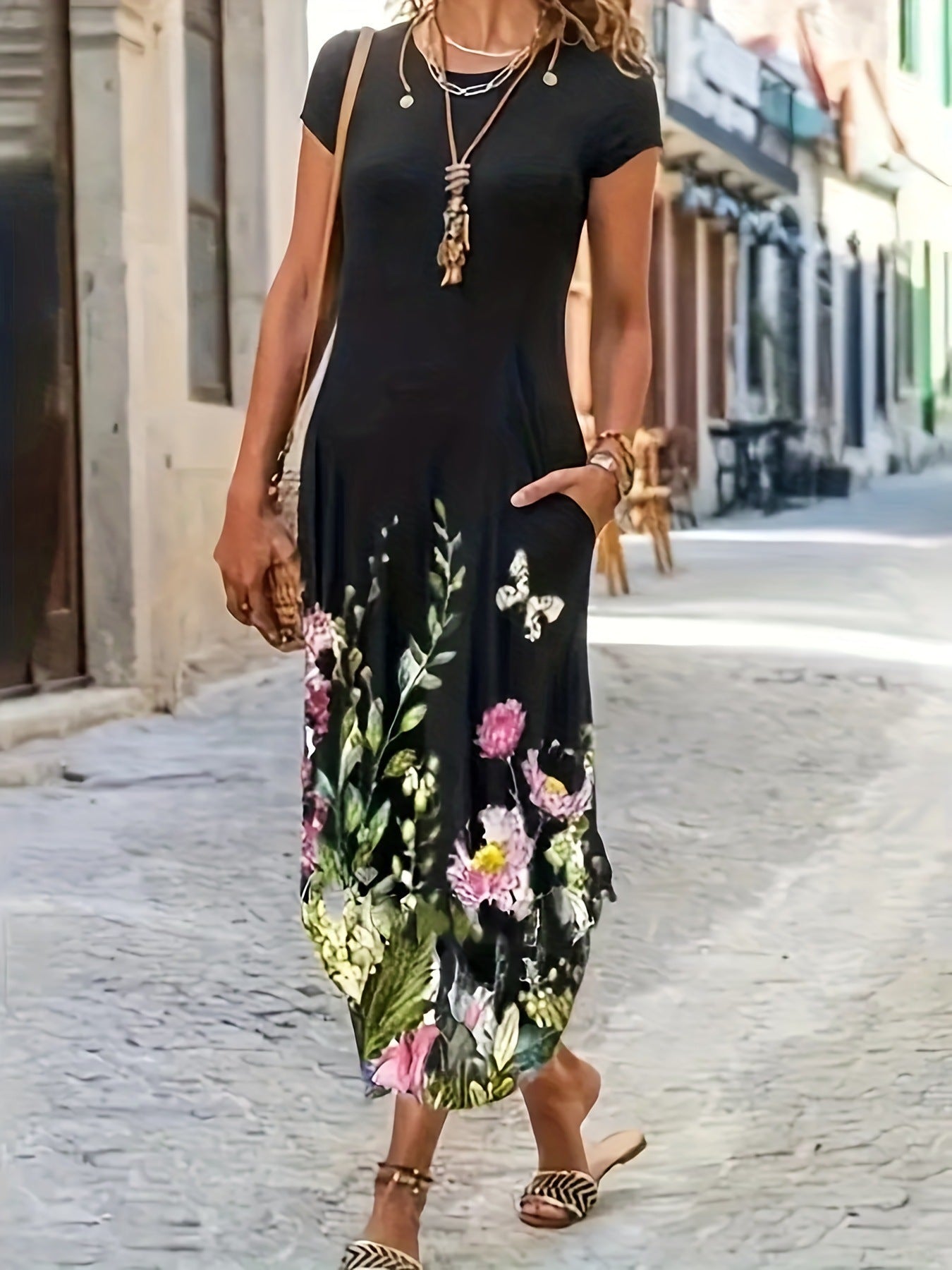 Variant image for Kvinnors Midi Klänning Blommig A-linje Polyester Spandex-1