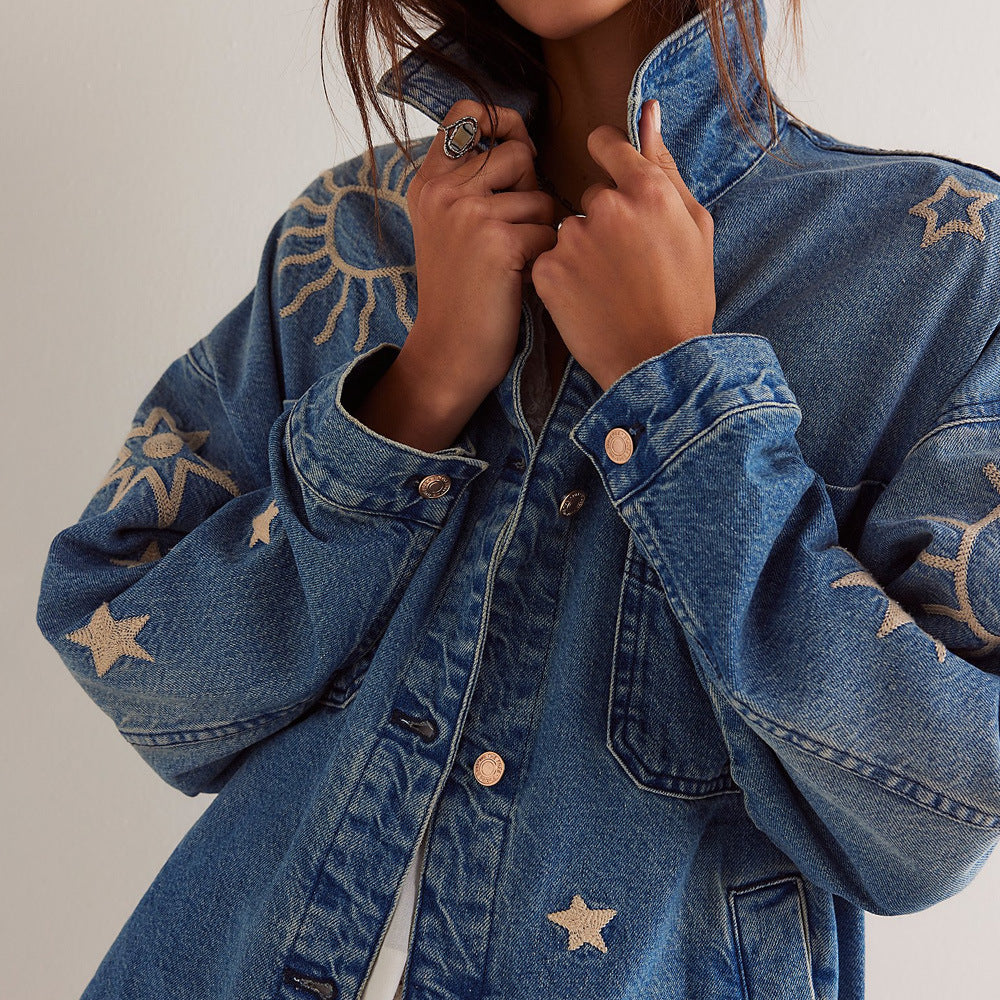 Dam Jeansjacka Urban Stil Tvättad Denim med Broderade Detaljer-3