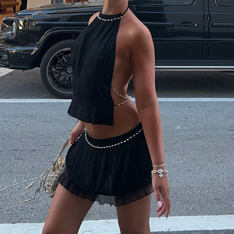 Dam Crop Top Set och Mini Strumpor i Andningsbart Tyg för Sommarkläder-3