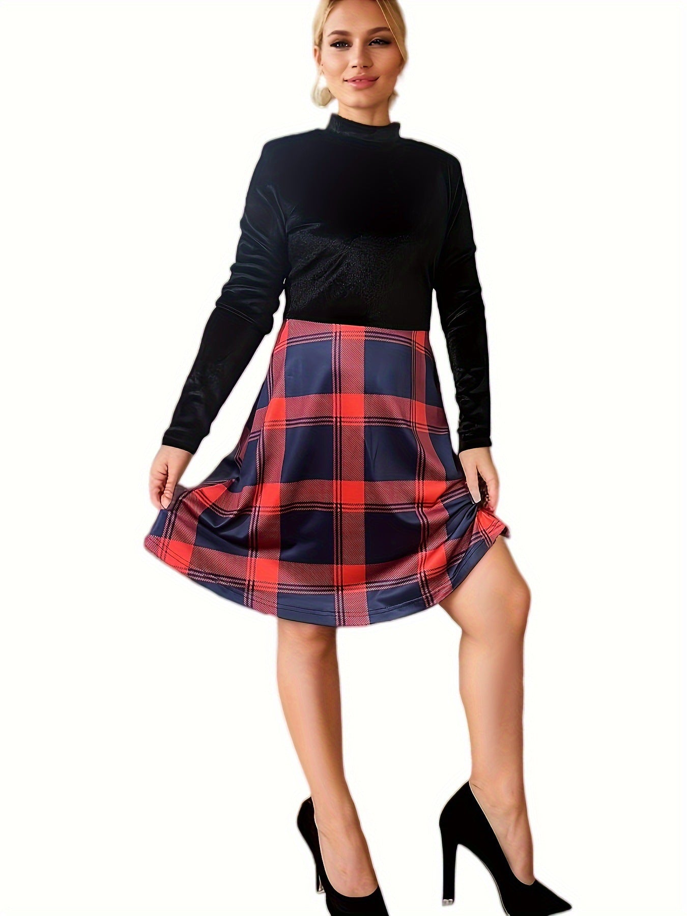 Kvinnors Julkjol Festlig Rutmönstrad Blandat Tyg-3