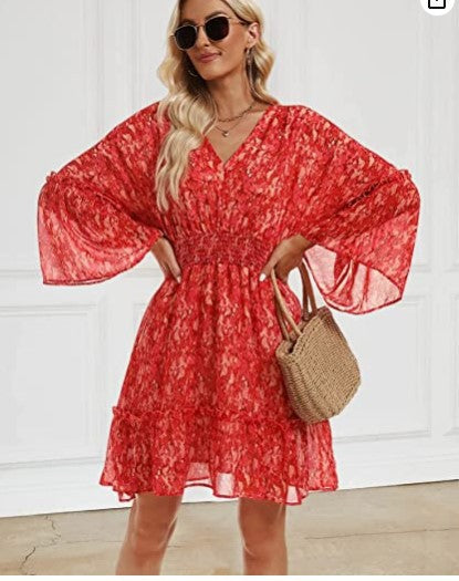 Elegant Blommaklänning för Dam i Lätt Material med Breda Ärmars Design - Perfekt för Sommar och Festliga Tillfällen 13