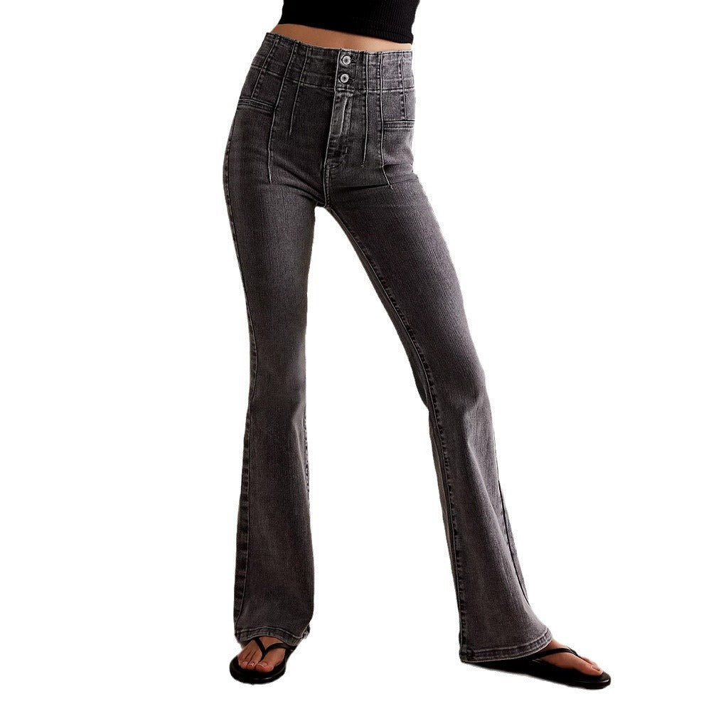 Variant image for Damer Högmidjade Denimbyxor Långt Ben Retro 100% Bomull-5