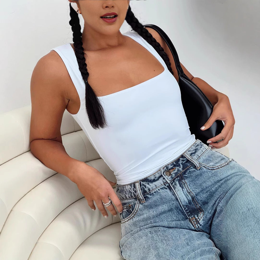 Dam Crop Top Slim Fit Mjölk Silke Kvadratisk Skärning-3