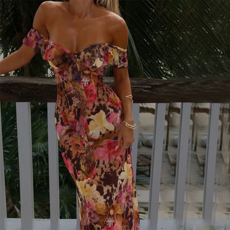 Maxiklänning Dam Off-Shoulder Blommönster Andningsbart Material 4