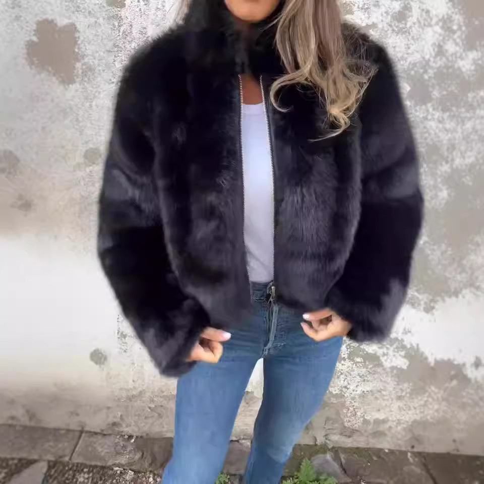 Svart Vinterkappa Dam i Konstpäls med Hög Krage – Elegant och Varm Kappa för Kalla Dagar 2