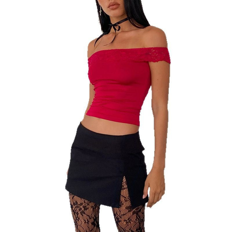 Kvinnors Off-Shoulder Festtopp med Delikat Spetsdetalj Polyester 6