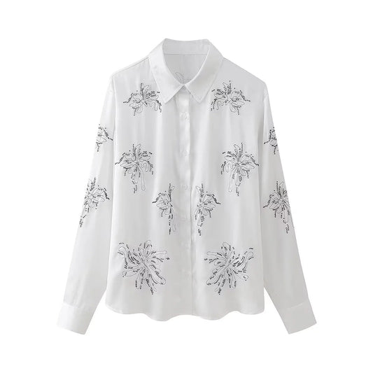 Dam Skjorta LÄngÀrmad Blommig med Paljetter Polyester-1