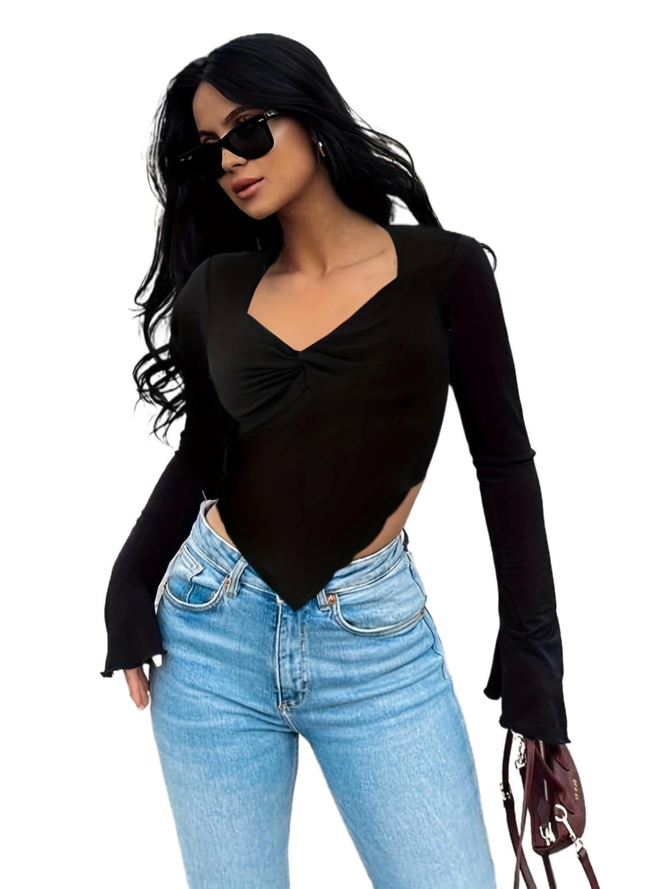 Dam Långärmad T-shirt V-ringad Monokrom Polyester-3