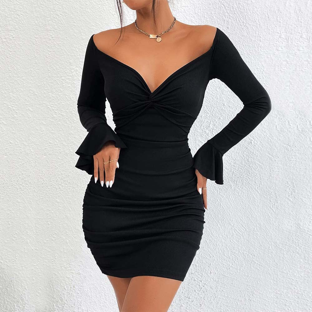 Dam Mini Kjol Bodycon V-ringad Polyester Elastan 4
