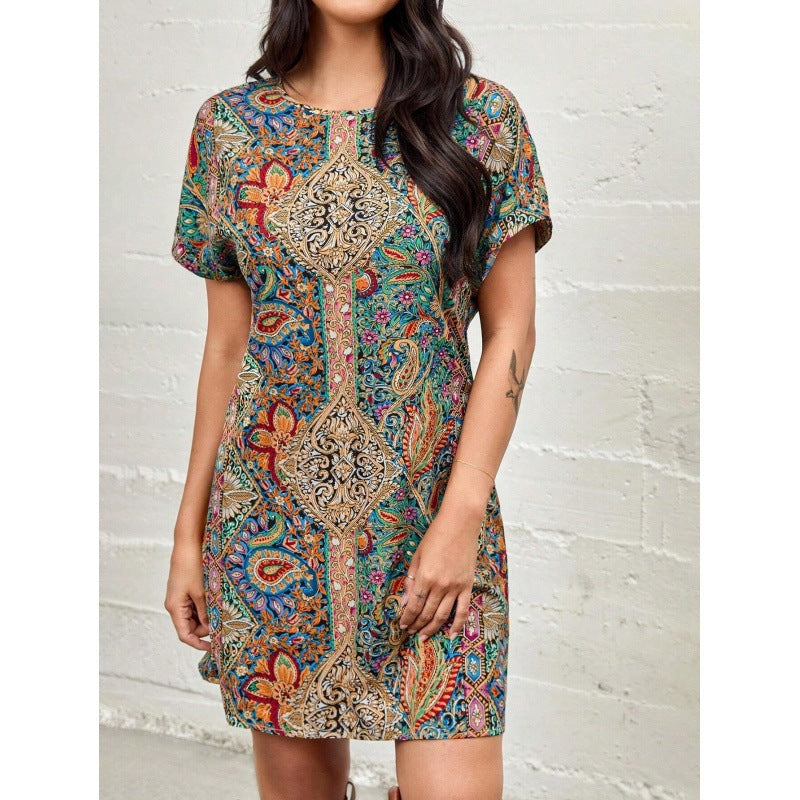 A-linjeformad Klänning för Kvinna med Kort Ärmar i Polyester – Blommönster och Färgglada Ränder 9