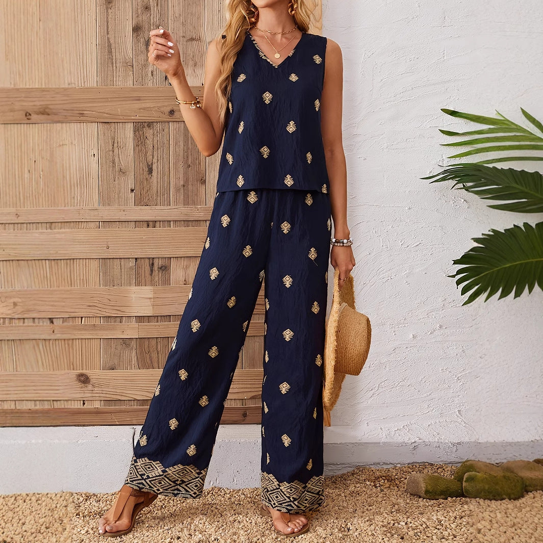 Kvinnors Tvådelad Set med V-hals, Ärmlös Topp och Bredbyxor i Lätta Tyger – Gyllene Accenter och Avslappnad Passform 7