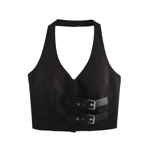 Dam Crop Top med Smala Band och Bälte i Polyester-1
