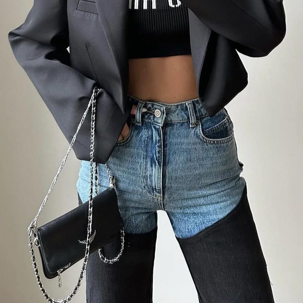 Kvinnors Hög Midja Jeans Rippade Denim-4