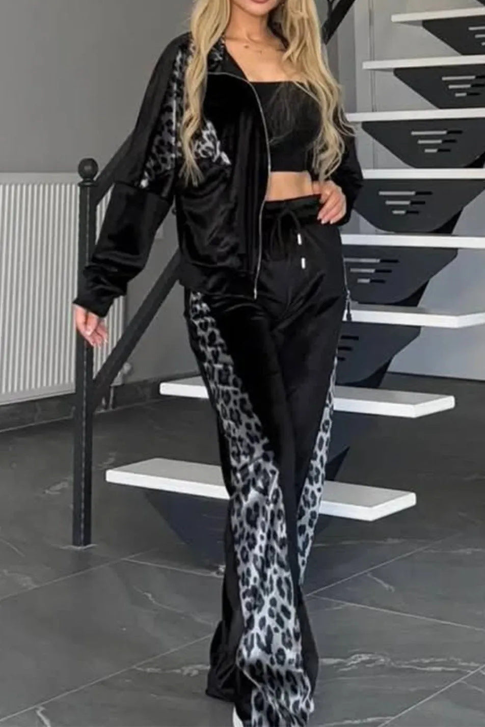 Dam Husdräkt Leopardmönster Polyester med Långa Ärmar-1
