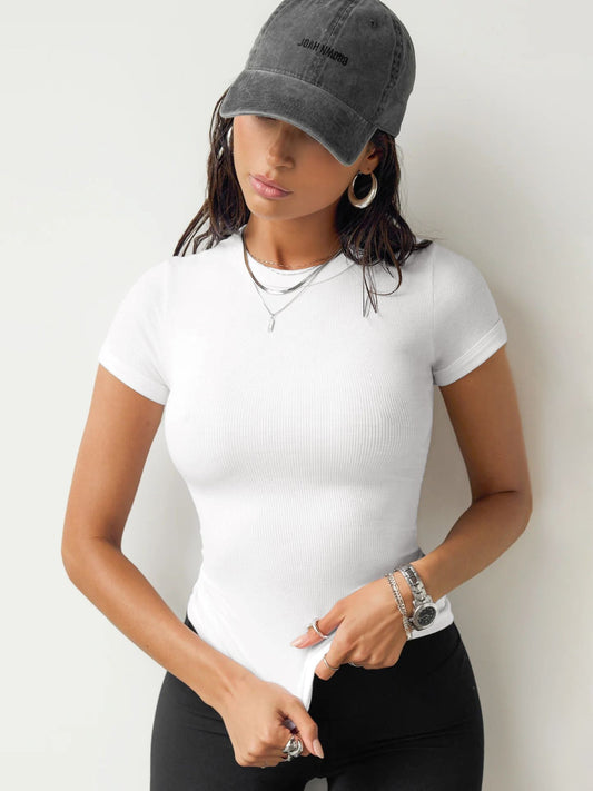Dam T Shirt Kortärmad Monokrom Polyester Spandex-1